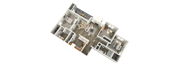 A 3D floor plan of a house with multiple rooms and furniture.