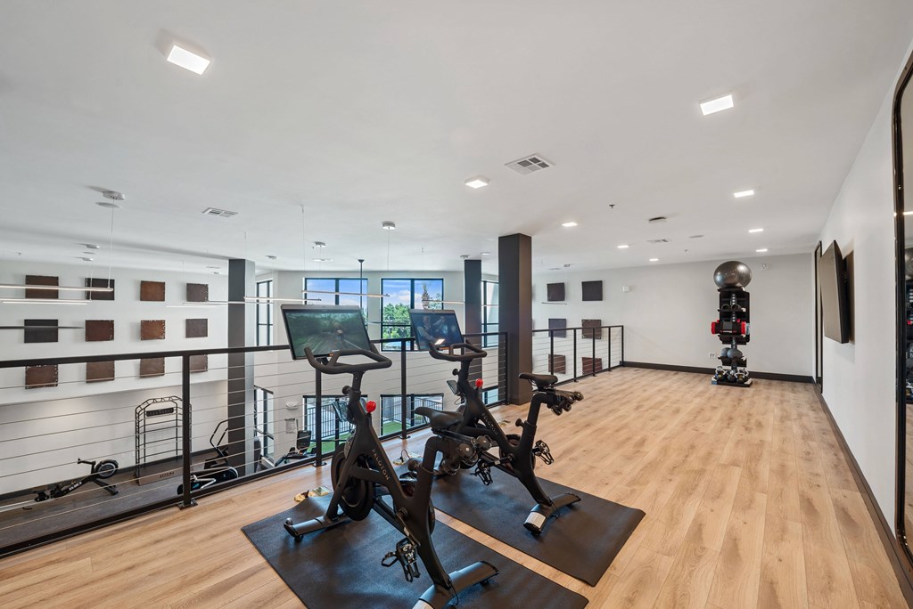 A gym with a row of exercise bikes and a mirror on the wall.