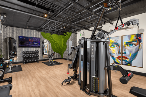 Fitness room with exercise equipment and paintings on the wall at The LC, Los Angeles, CA, 90038