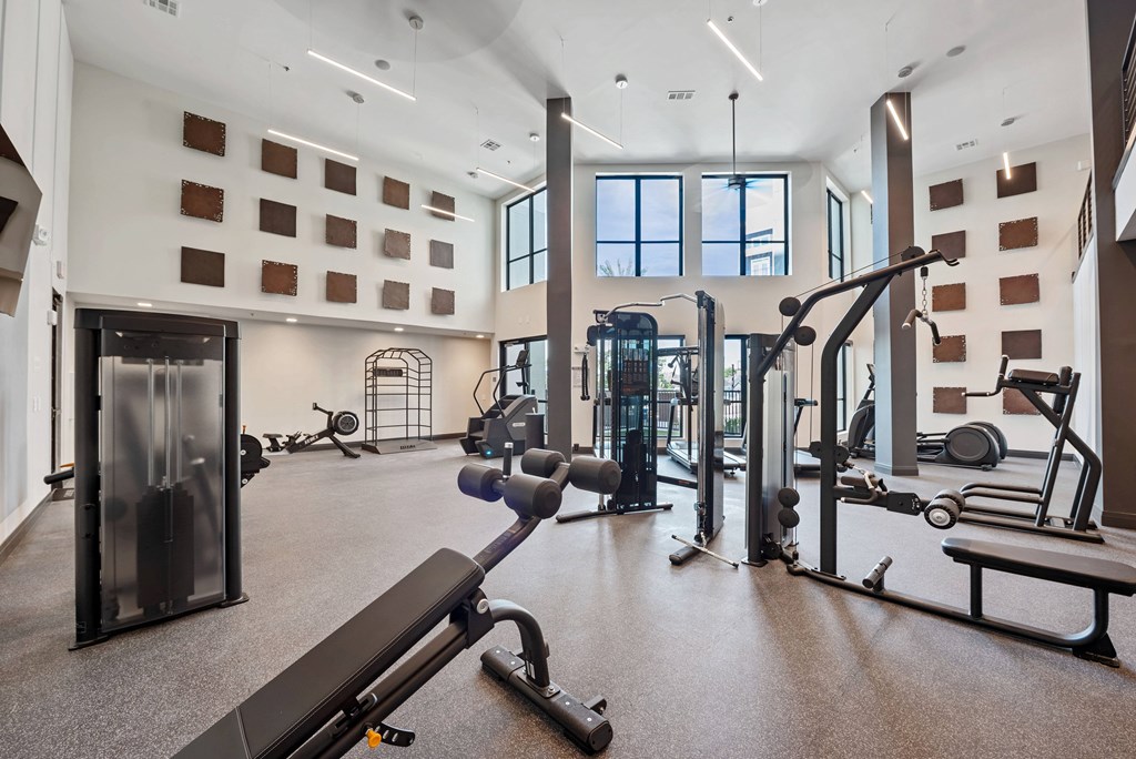 A gym with a variety of equipment including treadmills, weights, and benches.