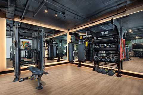 Gym with weights at The LC, Los Angeles, California, 90038