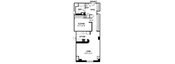 a floor plan of a small house with a bedroom and a kitchen