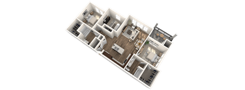 A 3D floor plan of a house with multiple rooms and furniture.