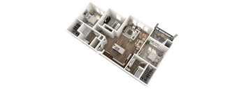 A 3D floor plan of a house with multiple rooms and furniture.