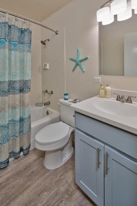 a bathroom with a shower curtain and a toilet and a sink