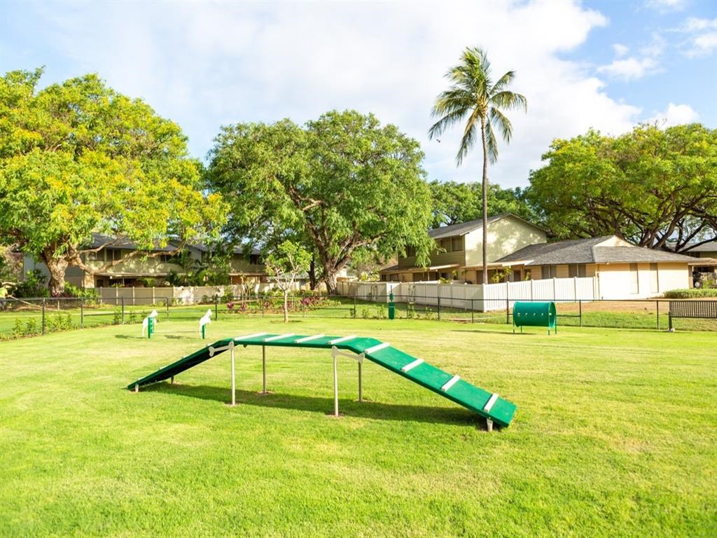 a jump in a park with houses in the background