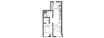 A floor plan of a small apartment with a bedroom, living room, kitchen, and bathroom.