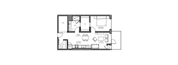 A floor plan of a house with a den, dining room, kitchen, living room, and bathroom.