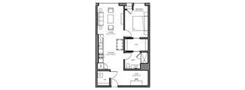 A floor plan of a house with a living room, kitchen, and bathroom.