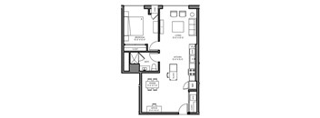 A black and white floor plan of an apartment with a kitchen, living room, dining room, bedroom, bathroom, and office.