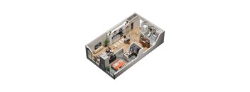 A 3D floor plan of a house showing the layout of the rooms.