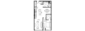 A floor plan of a small apartment with a living room, kitchen, and bathroom.