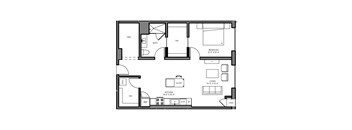 A floor plan of a house with a den, bath, kitchen, living room, and two bedrooms.
