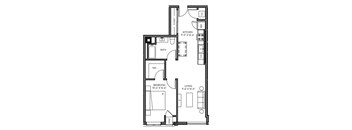 A floor plan of a house with a kitchen, living room, bedroom, and bathroom.