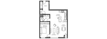 A black and white floor plan of a small apartment with a living room, kitchen, dining room, and bathroom.