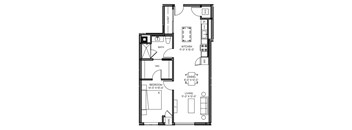 A floor plan of a small apartment with a bedroom, living room, kitchen, and bathroom.