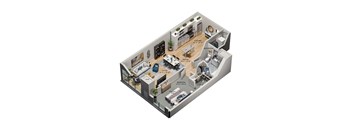 A 3D floor plan of a small apartment with a kitchen, living room, bedroom, and bathroom.