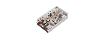 A 3D floor plan of a house with a living room, kitchen, dining room, and bedrooms.