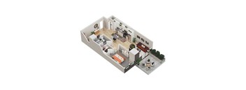 A 3D floor plan of a house with a kitchen, living room, and bedrooms.