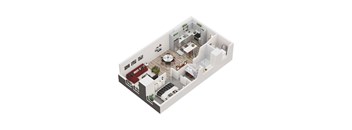 A 3D floor plan of a small apartment with a kitchen, living room, and bedroom.