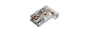 A 3D floor plan of a small apartment with a kitchen, living room, and bedrooms.