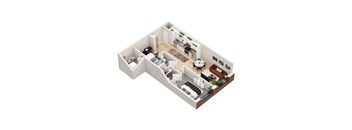A 3D floor plan of a house with a kitchen, living room, dining room, and bedrooms.