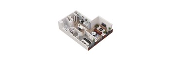 A 3D floor plan of a house with a living room, kitchen, dining room, and bedrooms.