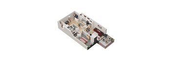 A 3D rendered image of a house layout.