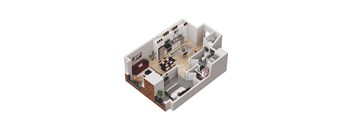 A 3D rendered image of a modern apartment layout.