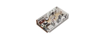 A 3D floor plan of a small apartment with a kitchen, living room, and bedroom.