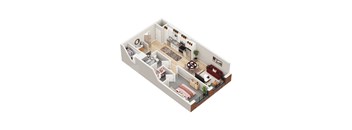 A 3D floor plan of a house showing a kitchen, living room, dining room, and bedrooms.