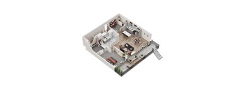 A 3D rendered image of a house interior.