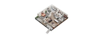 A 3D rendered image of a house interior.