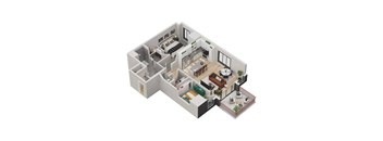 A 3D floor plan of a house with a kitchen, living room, and bedrooms.