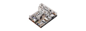 A 3D floor plan of a house with multiple rooms and furniture.
