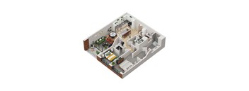 A 3D floor plan of a small apartment with a kitchen, living room, and bedroom.
