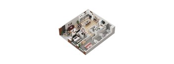 A 3D rendered image of a house layout.