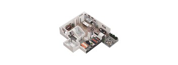 A 3D floor plan of a house with a kitchen, living room, dining room, and bedrooms.