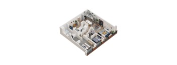 A 3D floor plan of a house with multiple rooms and furniture.