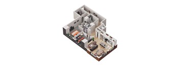 A 3D rendered image of a modern apartment layout.