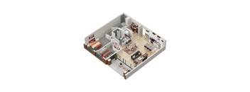 A 3D rendered image of a modern apartment layout.