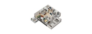 A 3D floor plan of a house with a kitchen, living room, and bedrooms.