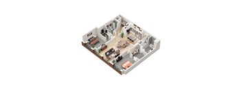 A 3D floor plan of a house with a living room, kitchen, dining room, and bedrooms.