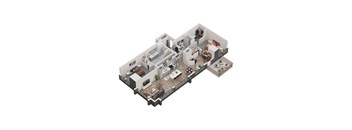 A 3D rendered image of a house layout.