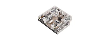 A 3D floor plan of a house with a living room, kitchen, and bedrooms.