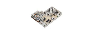 A 3D floor plan of a house with multiple rooms.