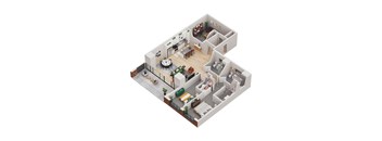 A 3D floor plan of a house with a living room, kitchen, dining room, and bedrooms.