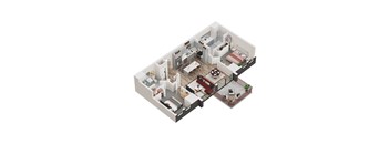A 3D floor plan of a house with a kitchen, living room, dining room, and bedrooms.