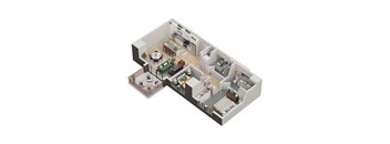 A 3D floor plan of a house with a kitchen, living room, dining room, and bedrooms.