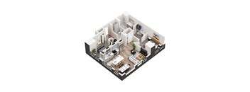 A 3D floor plan of a house with multiple rooms.